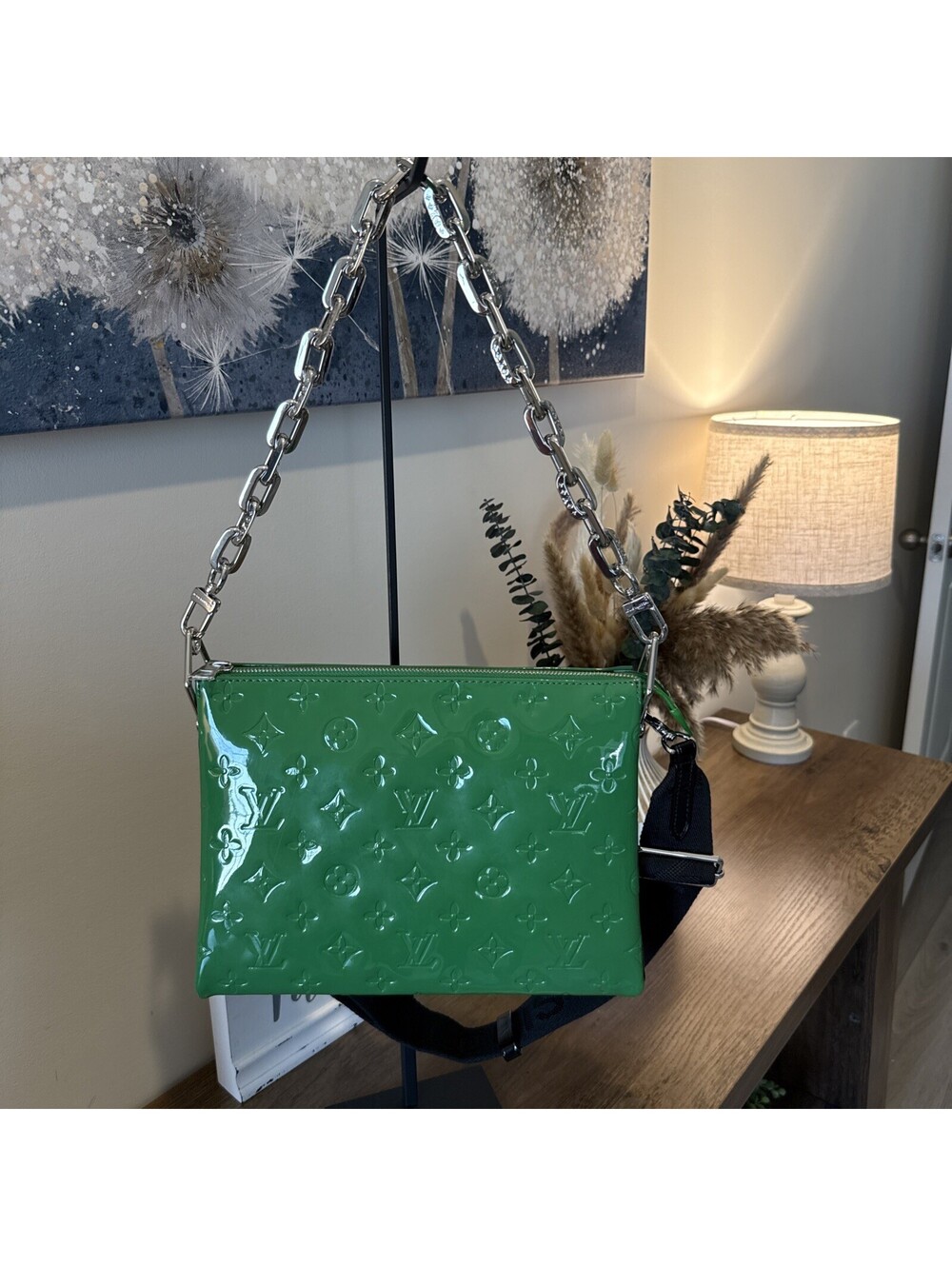Green Patent Leather Embossed Louis Vuitton Handbag Chain/Adjustable Strap W/bag